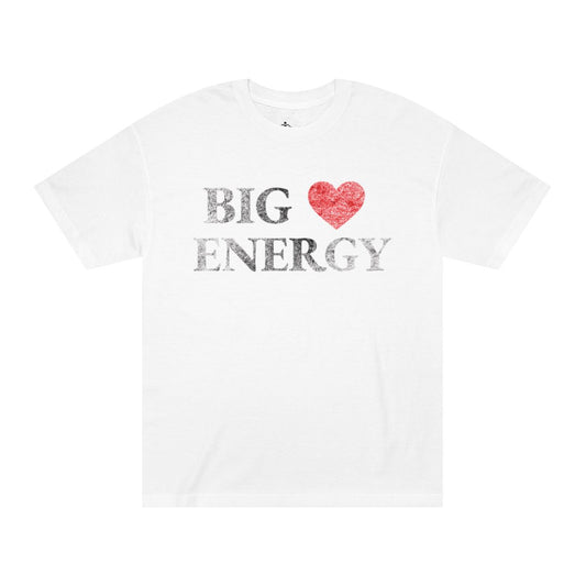 white- White tshirt with 'BIG HEART LOVE ENERGY' text and red heart